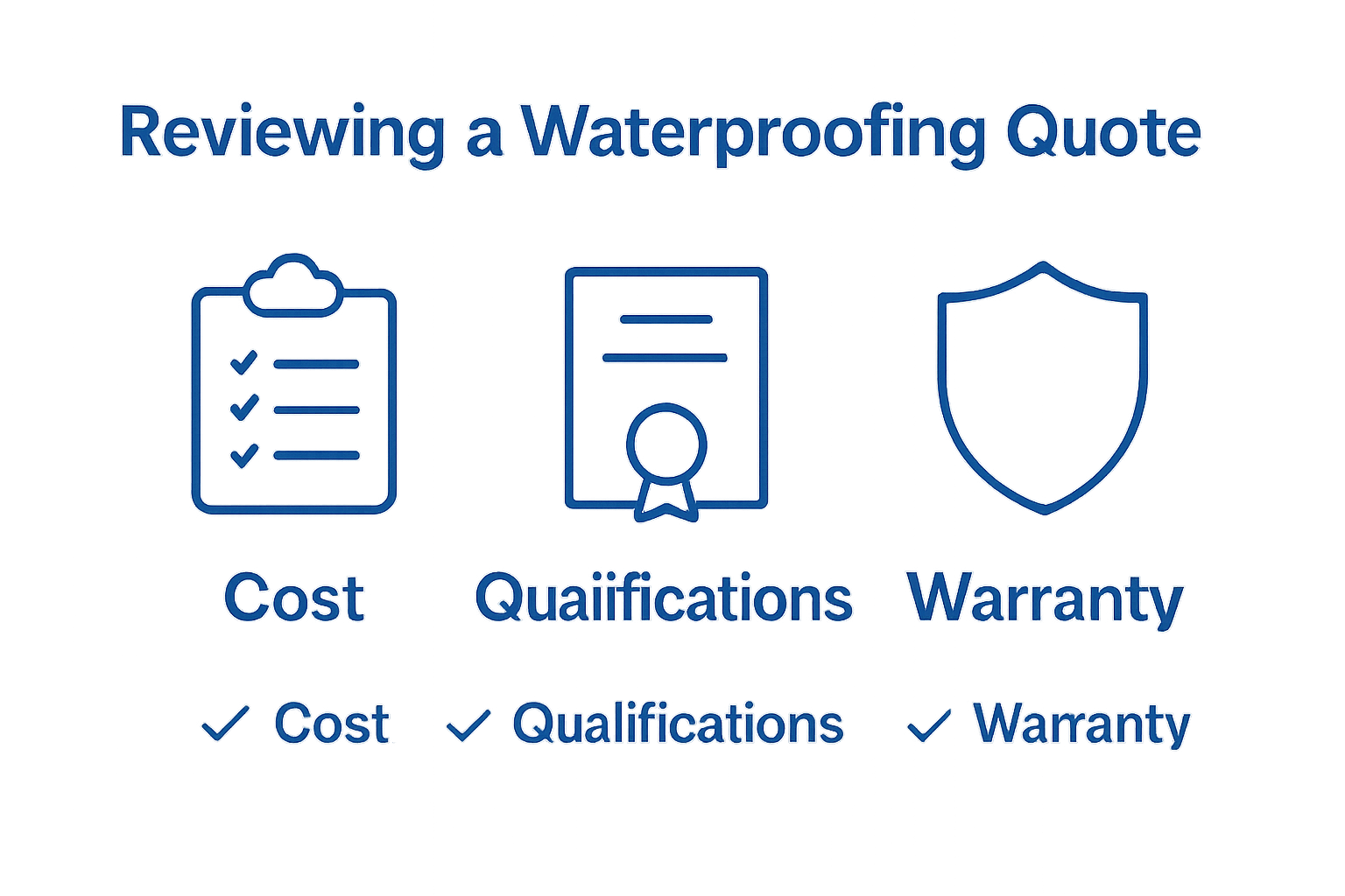 Infographic showing cost, qualifications, warranty checklist for waterproofing quotes