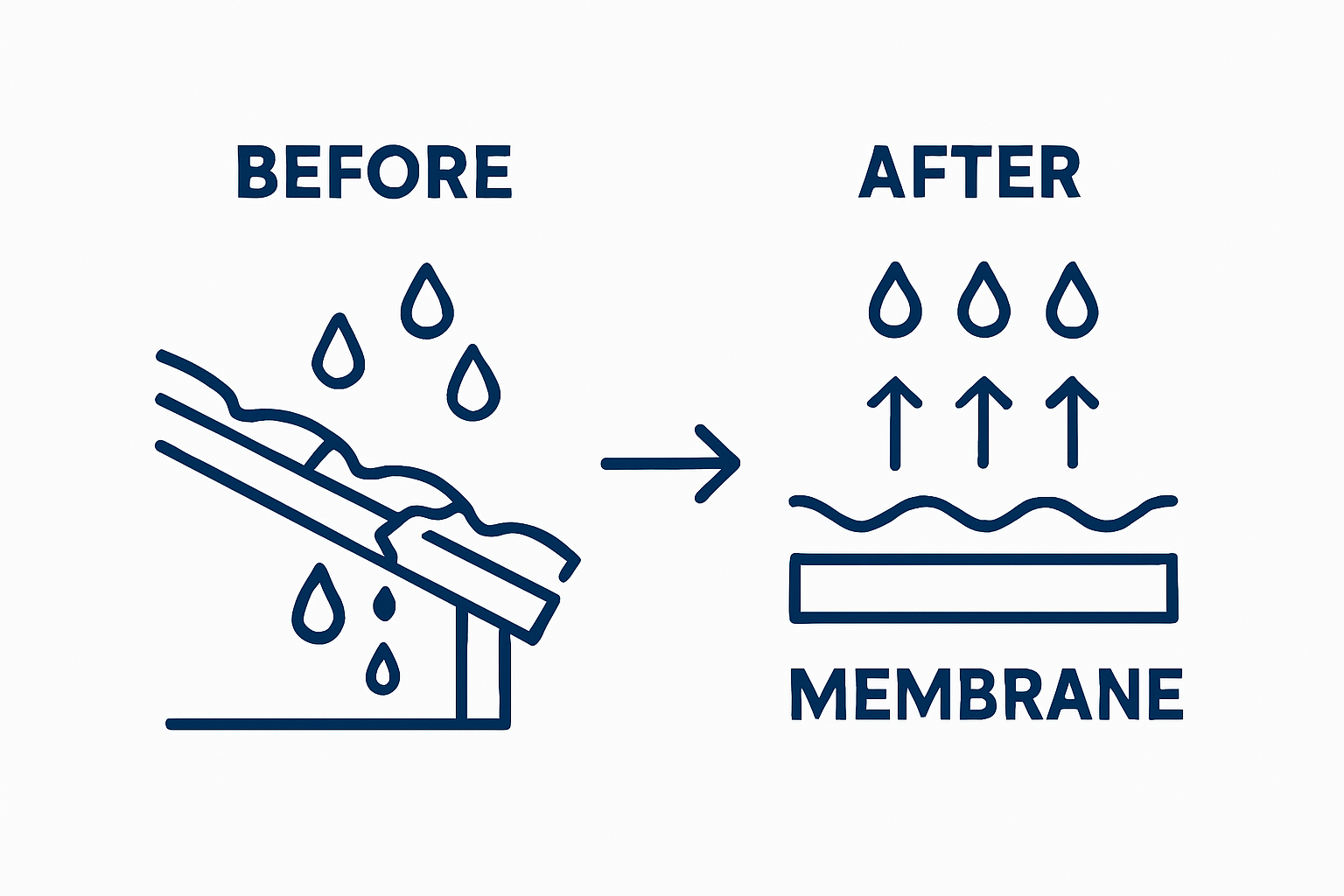 Infographic comparison of roof before and after waterproofing membrane application