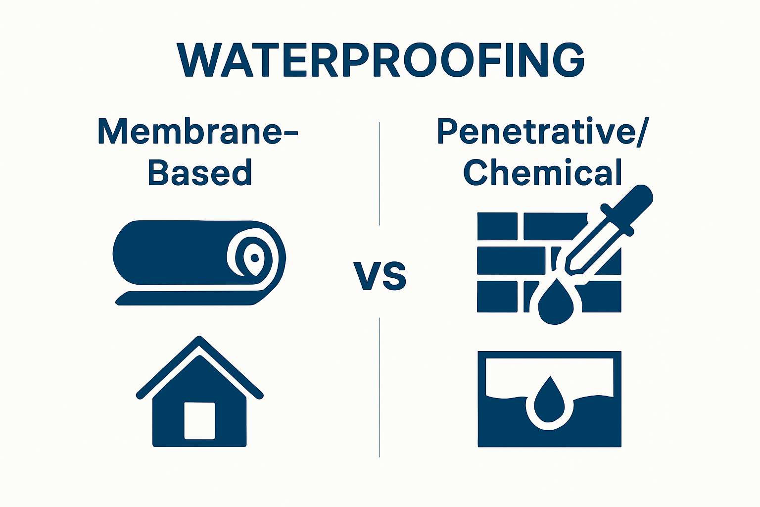 Infographic comparing membrane-based and chemical waterproofing systems