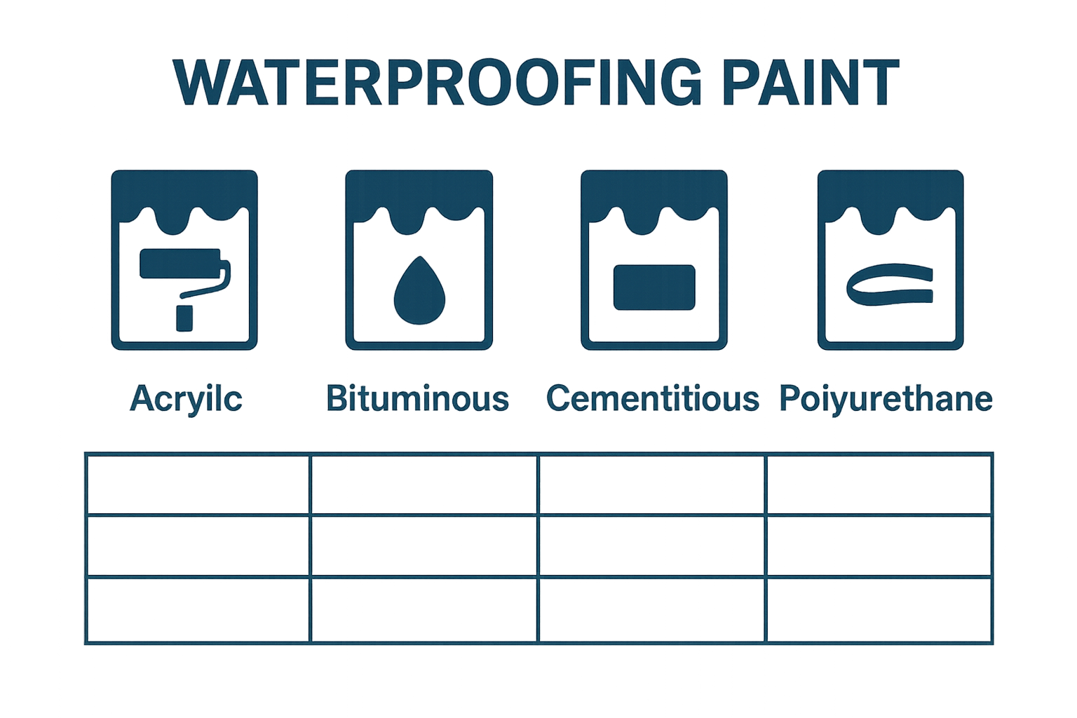 Comparison of four types of waterproofing paint with icons