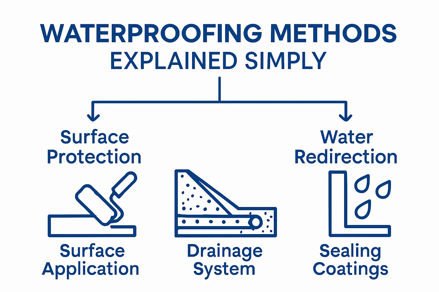 Surface vs. drainage waterproofing key differences icons
