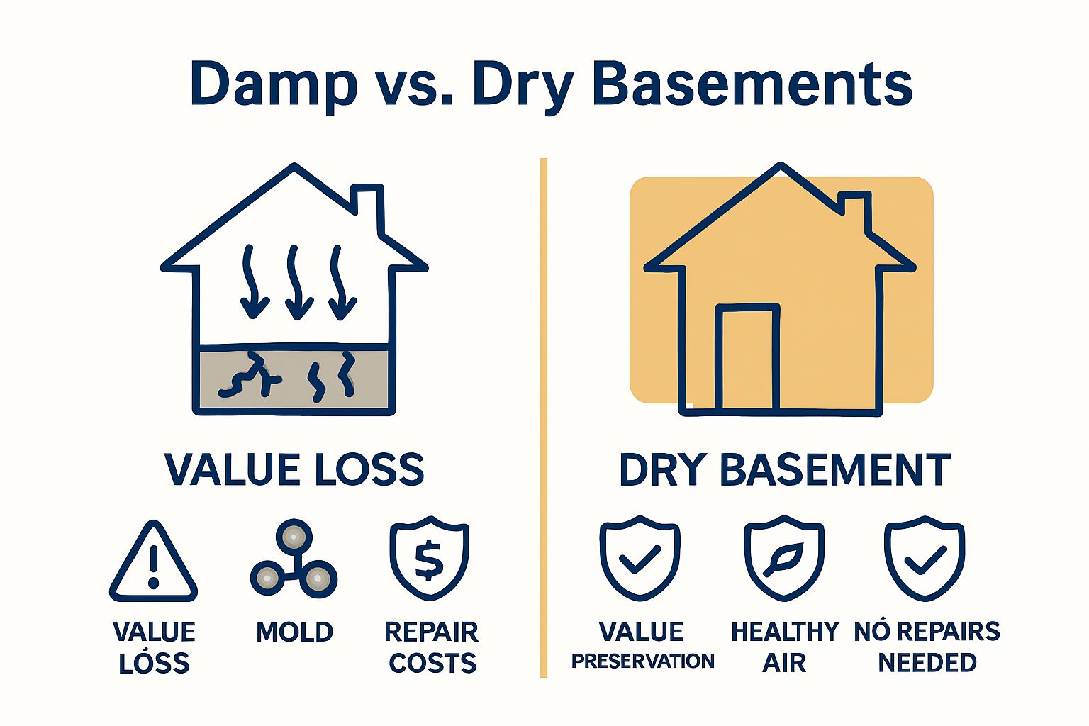 Comparison of basement with and without waterproofing showing property value and air quality