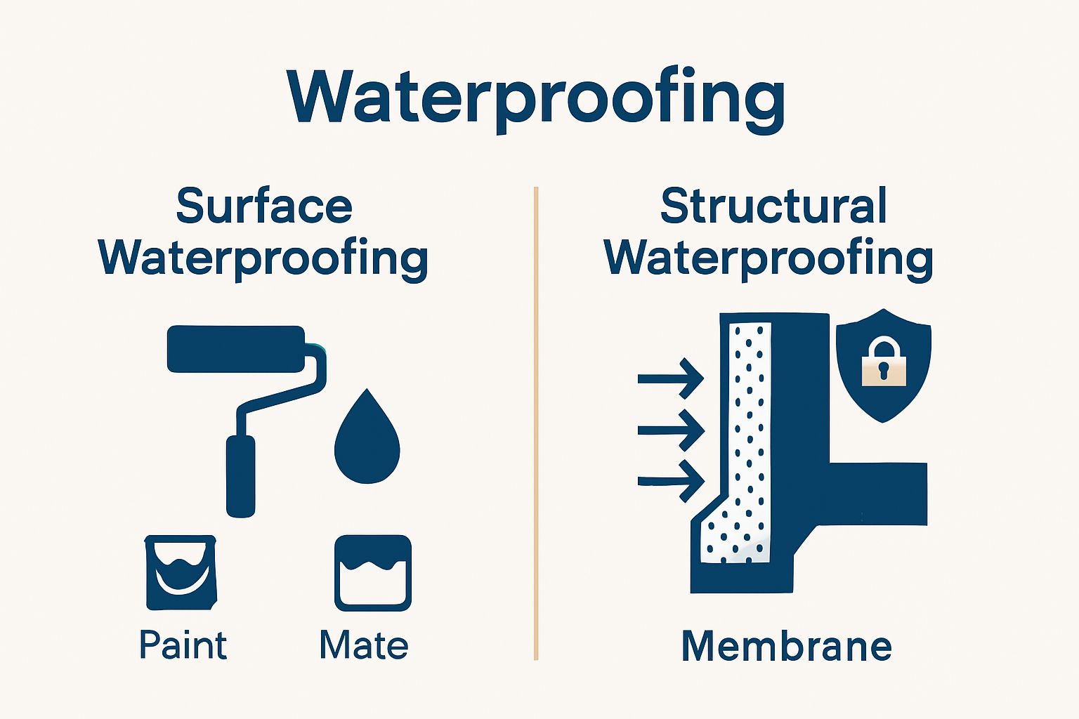 Visual comparison between surface and structural waterproofing methods