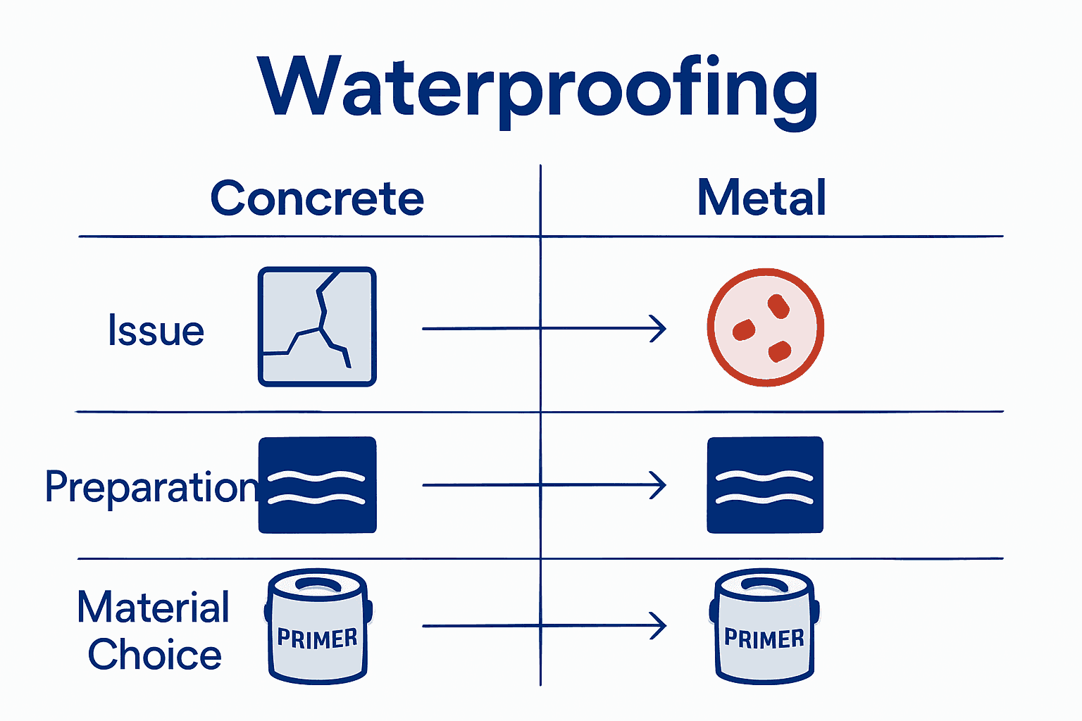 Infographic comparing waterproofing needs for concrete versus metal roofs with icons for key issues and materials.
