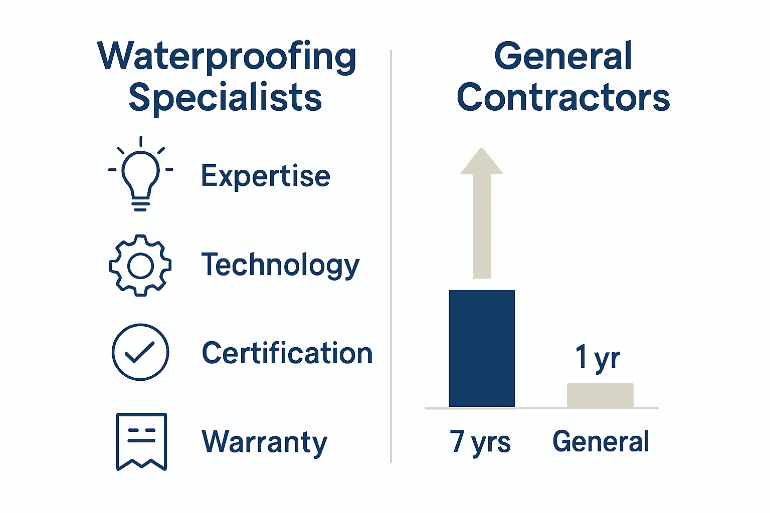 Infographic comparing specialist waterproofers and general contractors by expertise, technology, and warranty.