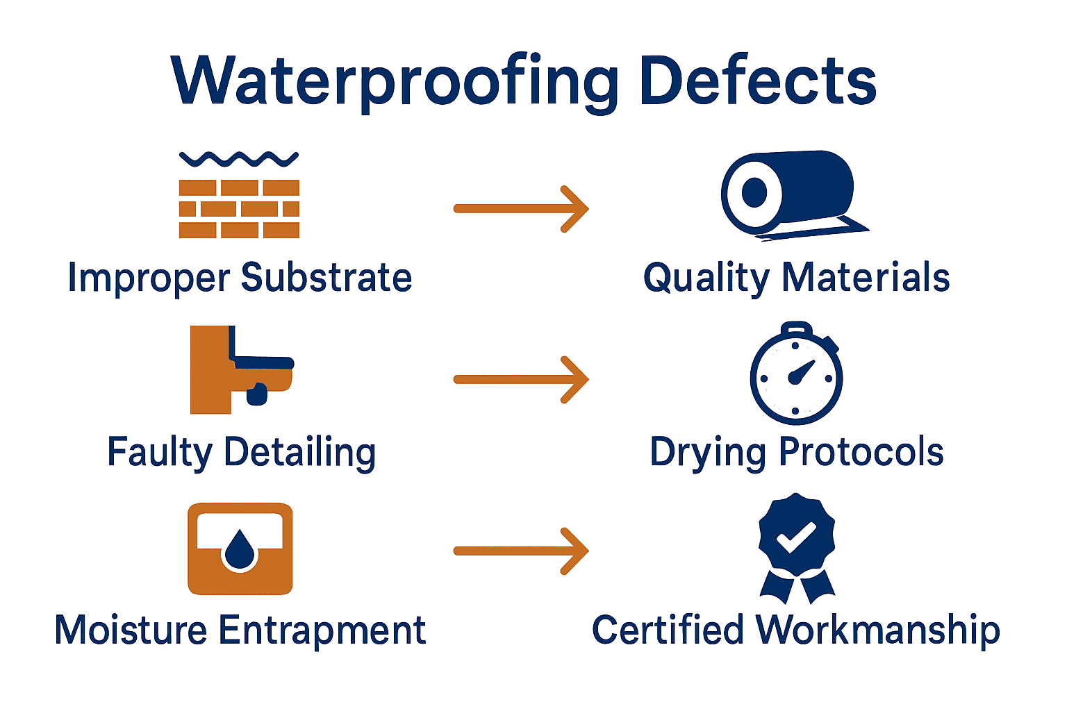 Infographic showing waterproofing defects and prevention strategies.