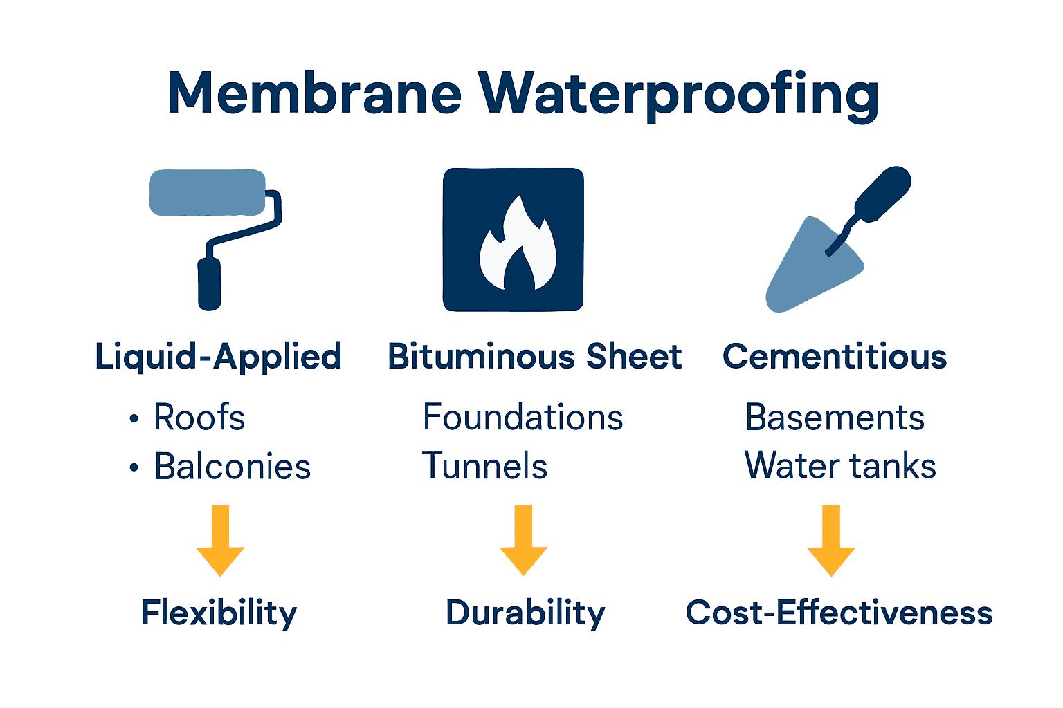 Infographic comparing liquid, bituminous, and cementitious waterproofing membranes with icons and key advantages.