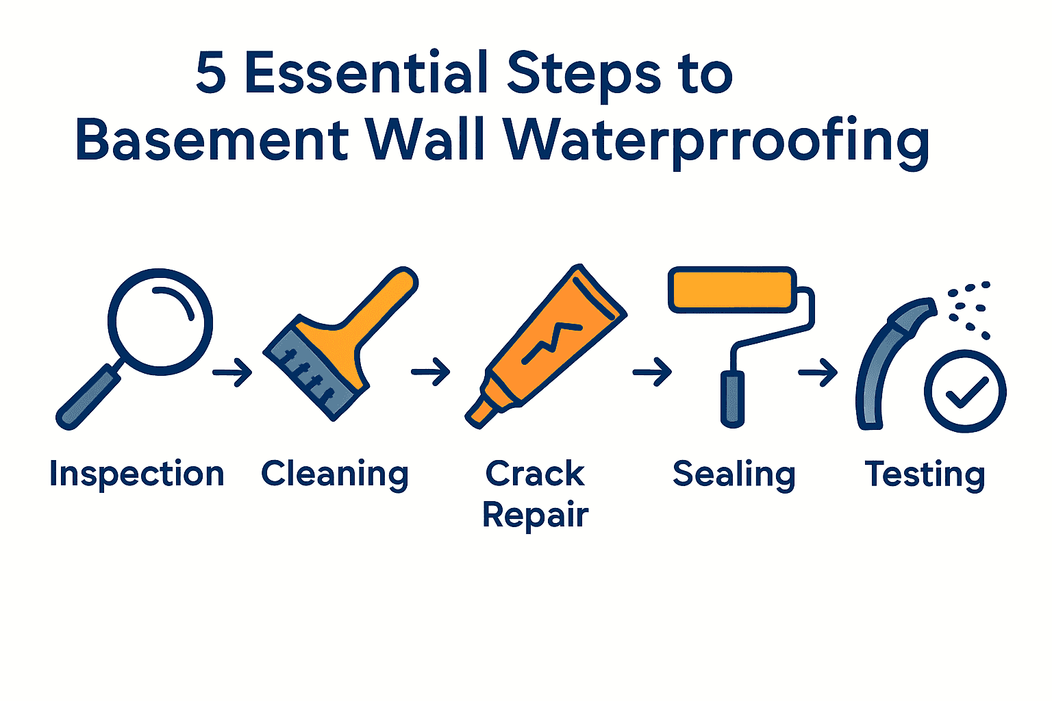 5 step basement waterproofing process with icons for inspection, cleaning, repair, sealing, and testing.