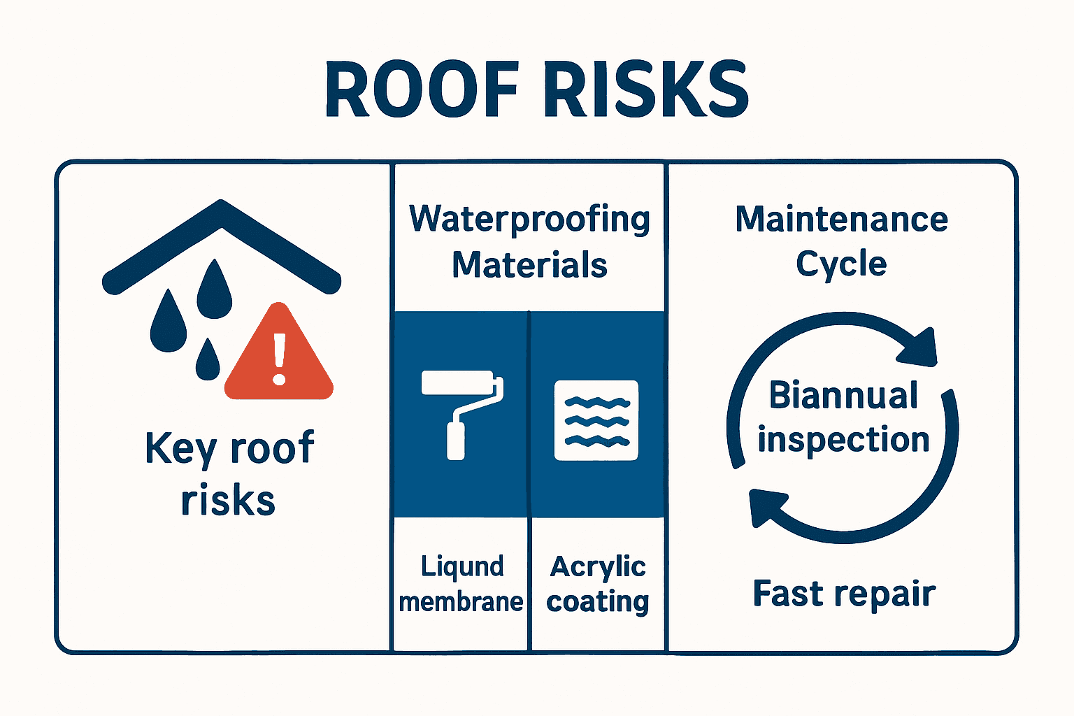 Infographic showing roof leak risks, material choices, and maintenance cycle for South African homes