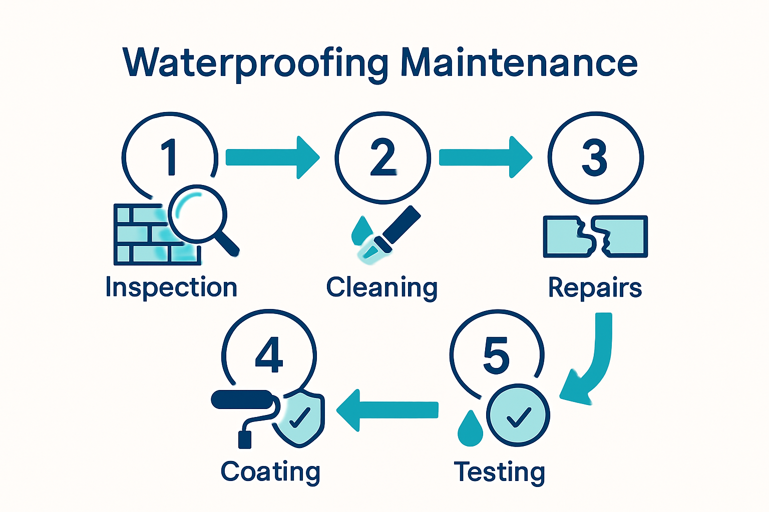 Five-step waterproofing maintenance process illustrated with icons and arrows.