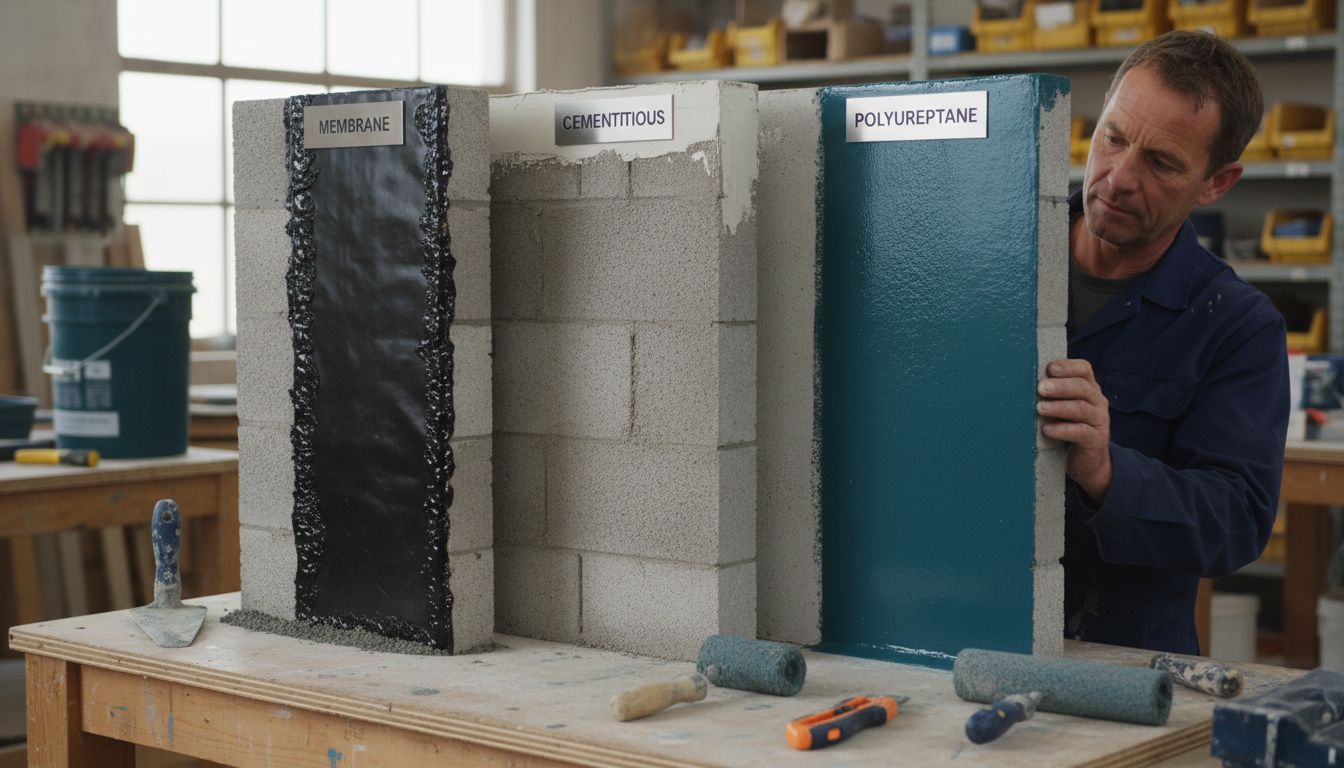 Building wall cross-sections with waterproofing types