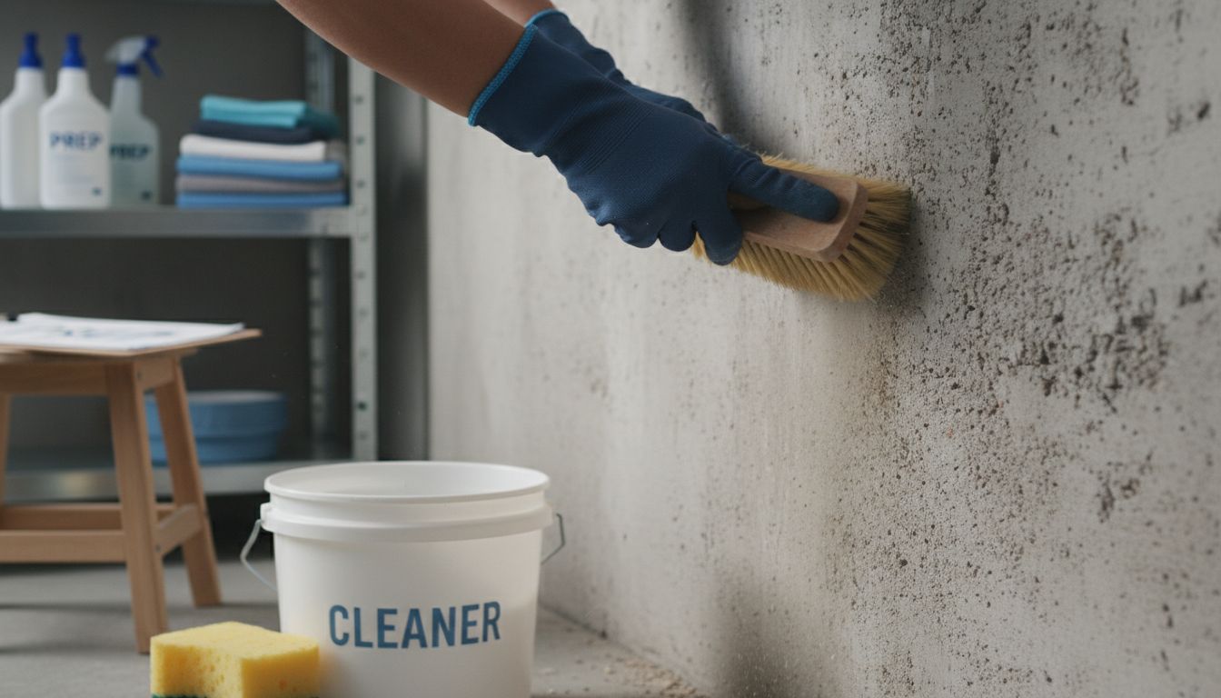 Hands scrubbing concrete wall for prep
