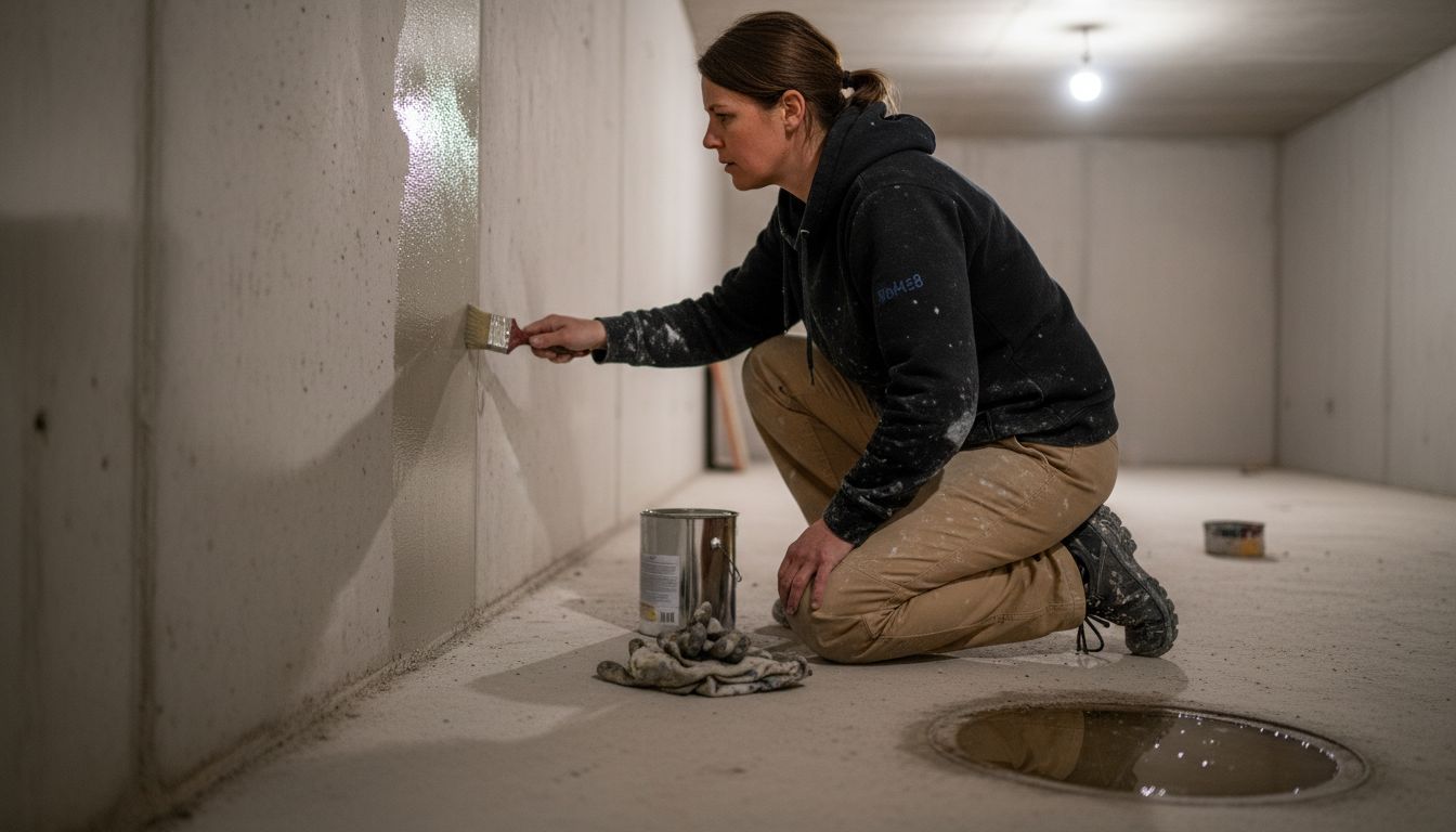 Contractor brushing primer on basement wall