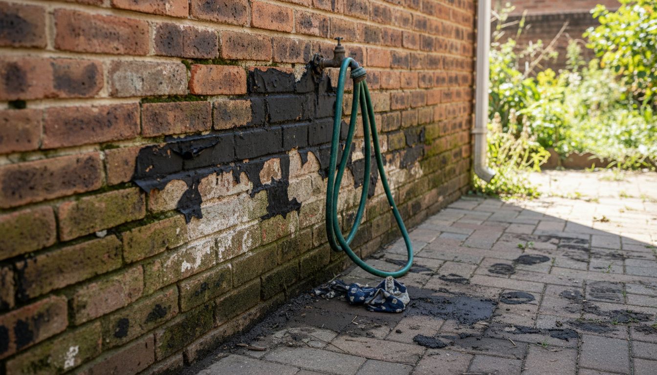 Peeling waterproof membrane on damaged exterior wall