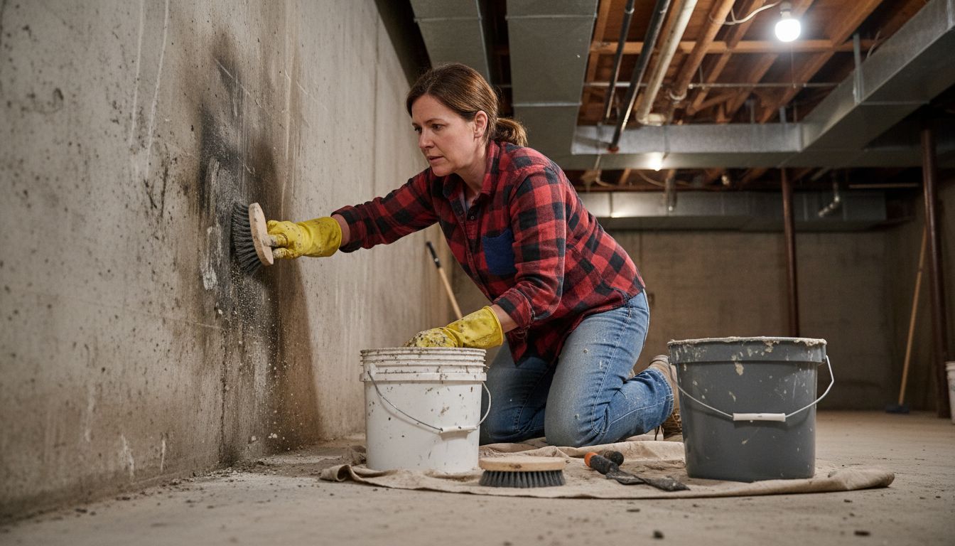 Woman scrubbing basement wall for waterproof prep