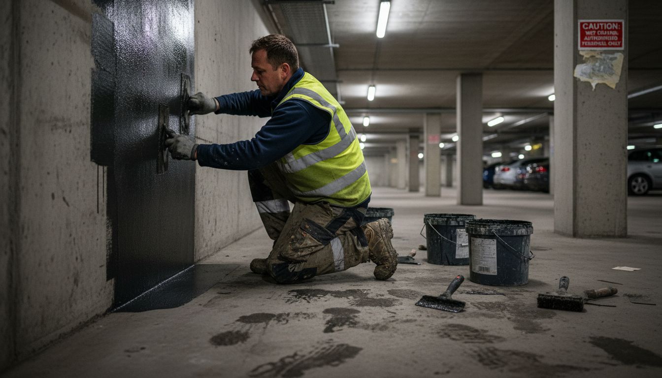 Contractor applying basement waterproofing coating
