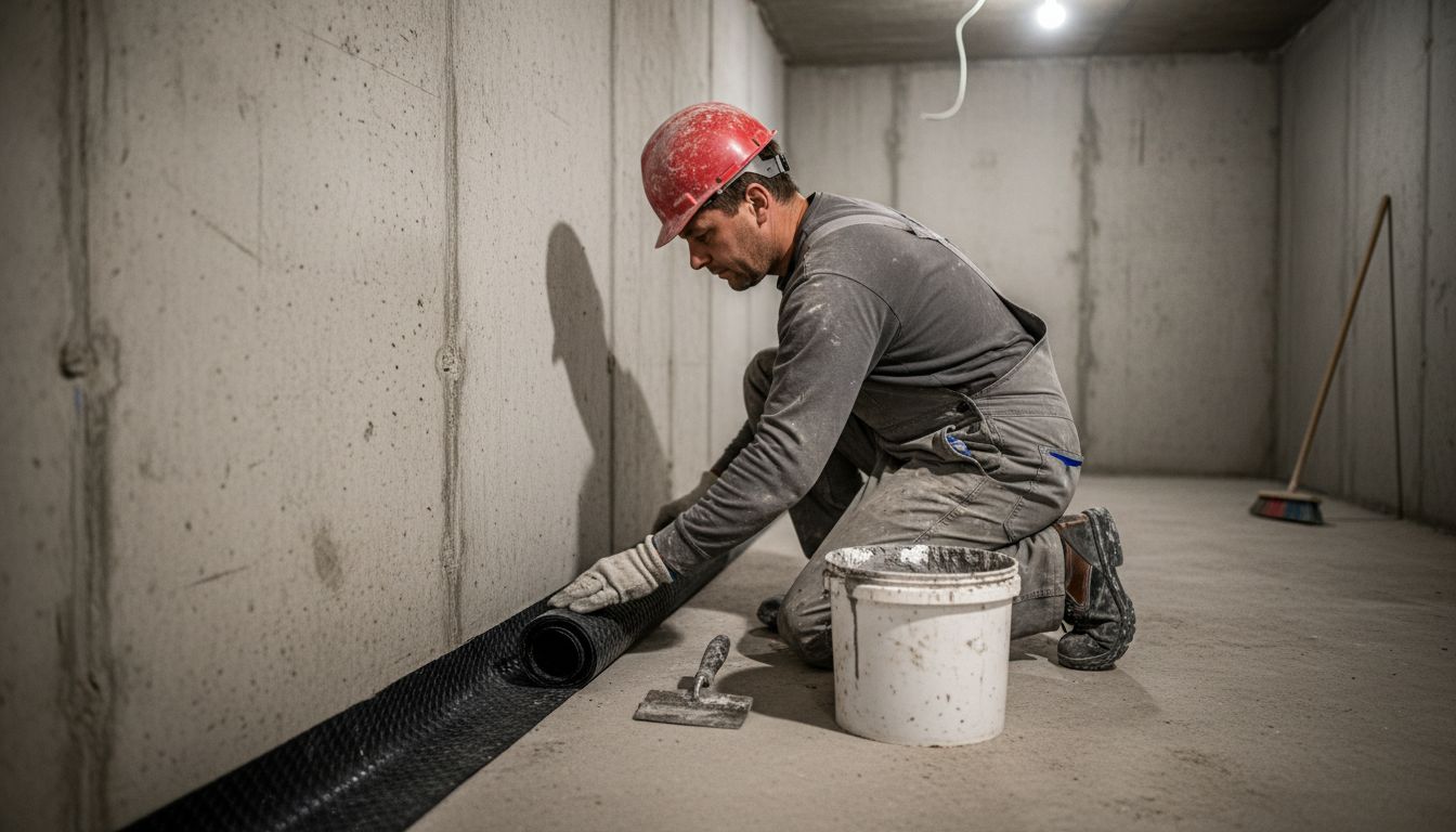 Worker applying waterproofing membrane basement