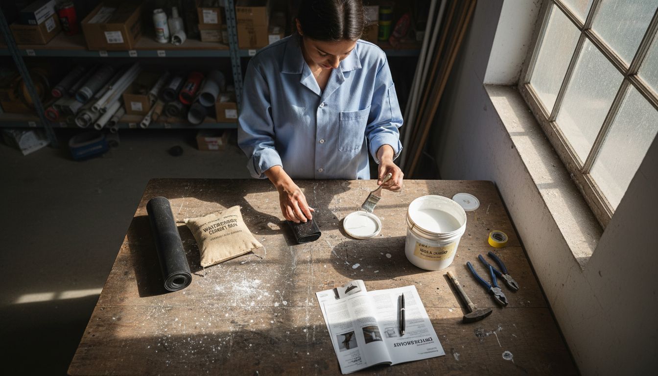 Comparing waterproofing material samples on workbench
