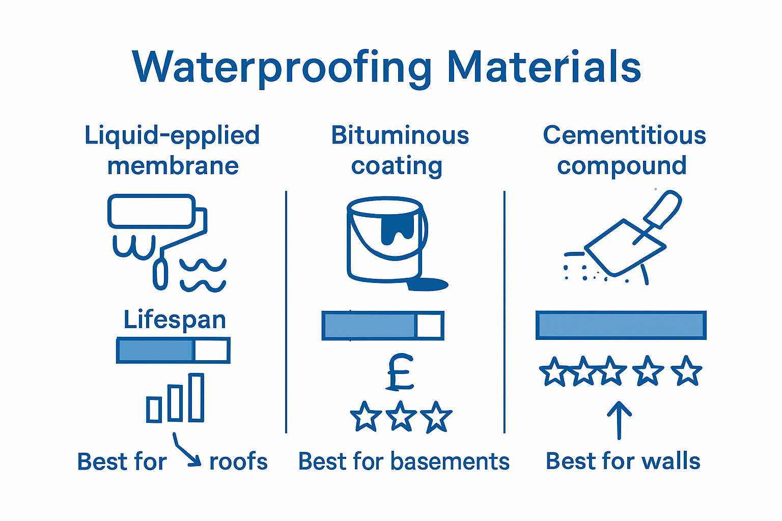 Infographic: waterproofing materials cost and lifespan comparison
