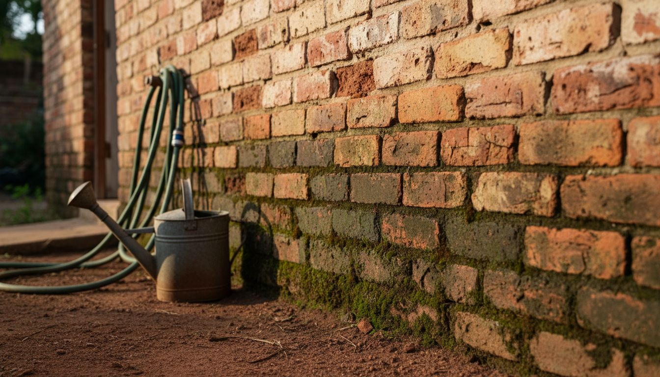 Close-up damp patches on brick wall
