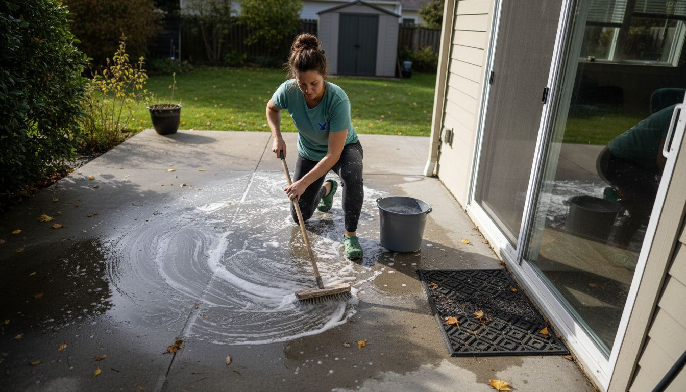 Woman scrubbing waterproofed concrete patio