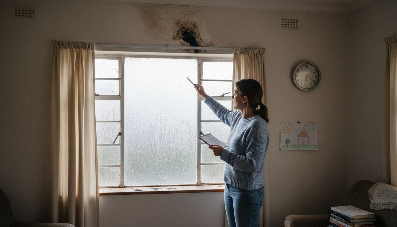 Inspecting mould and water damage on wall