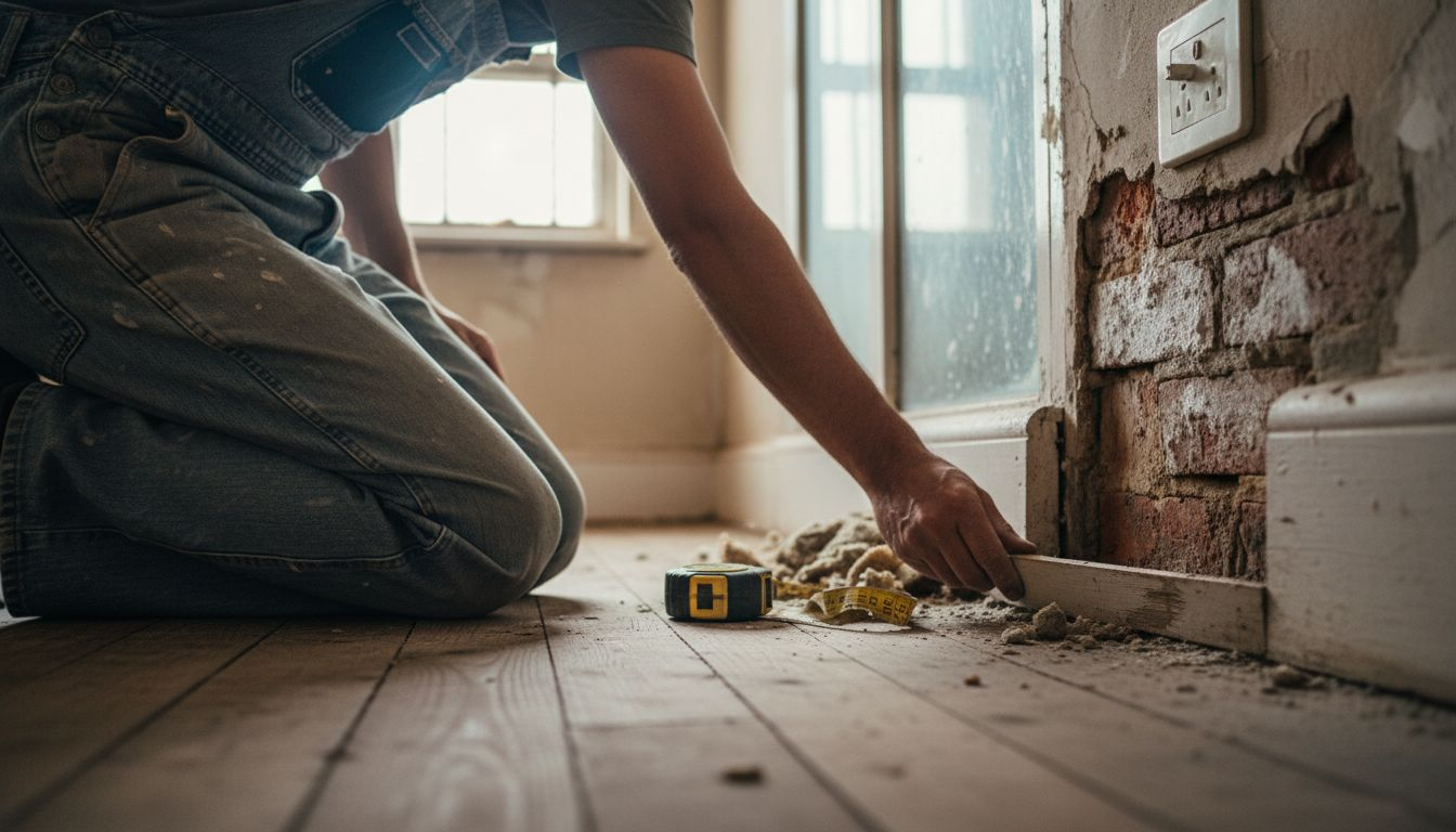 Contractor reveals rising damp damage in wall