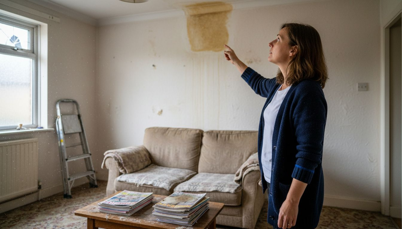 Homeowner inspects ceiling water stains indoors