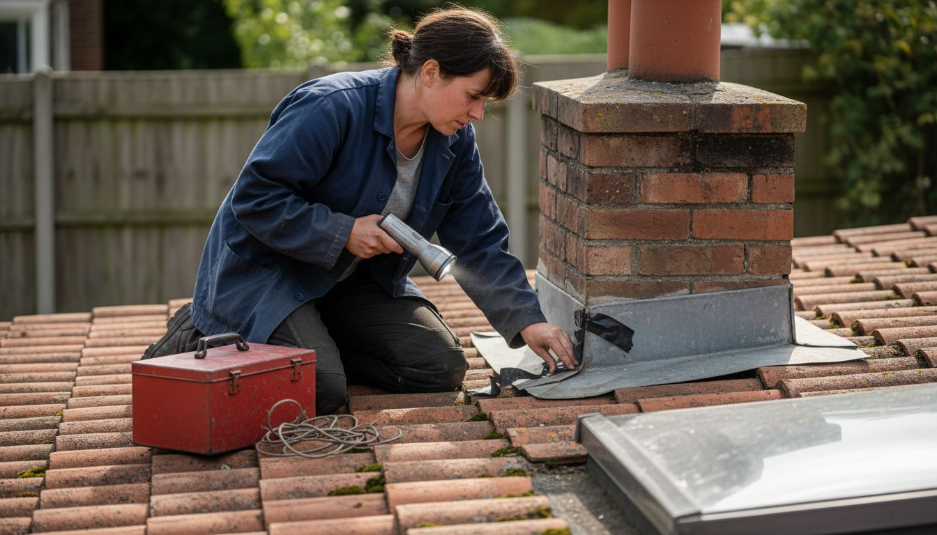 Homeowner inspects chimney area waterproofing