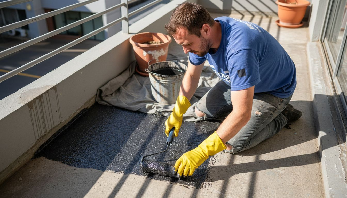 Worker applying liquid waterproofing to balcony