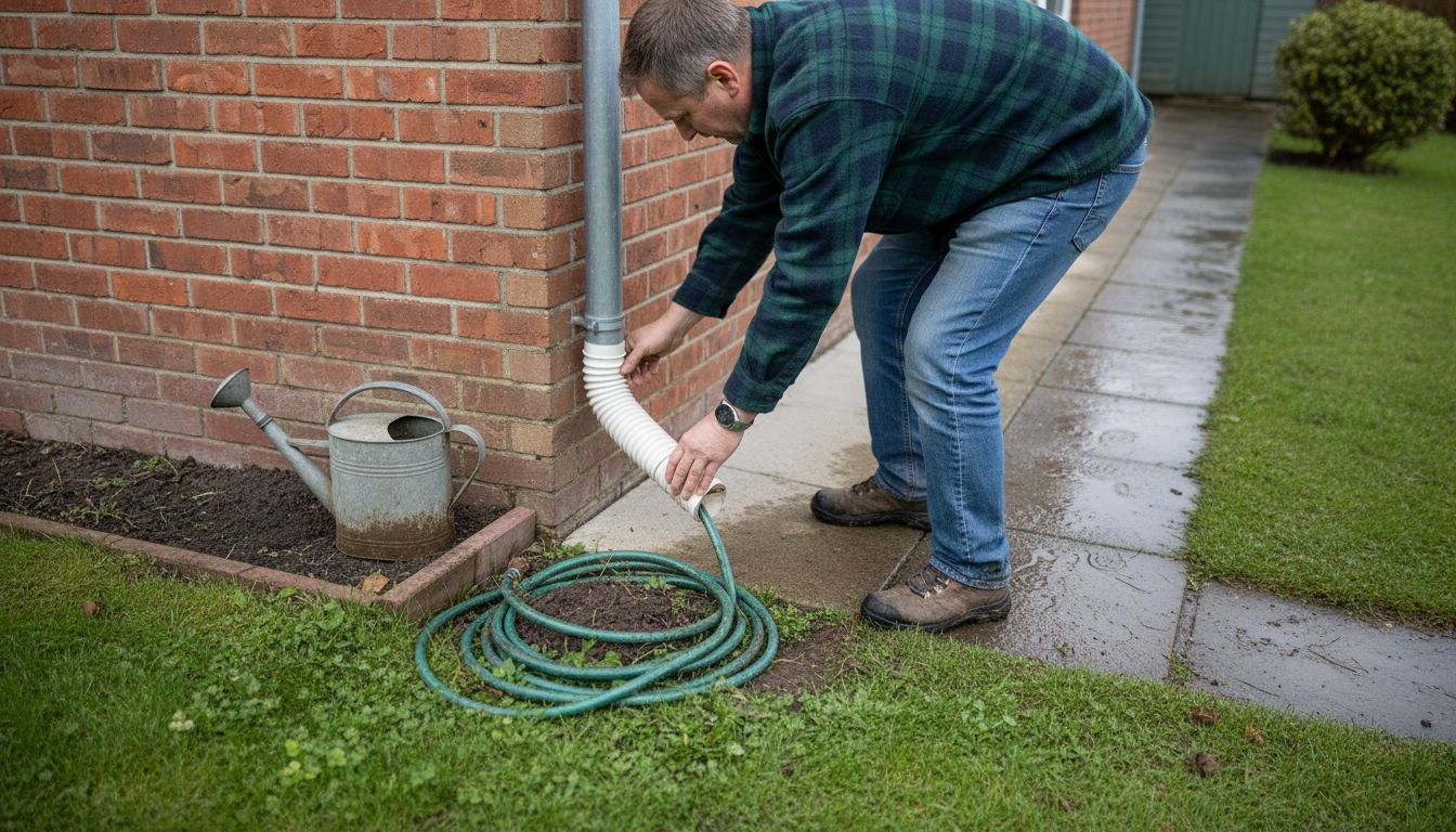Man adjusting downspout beside house