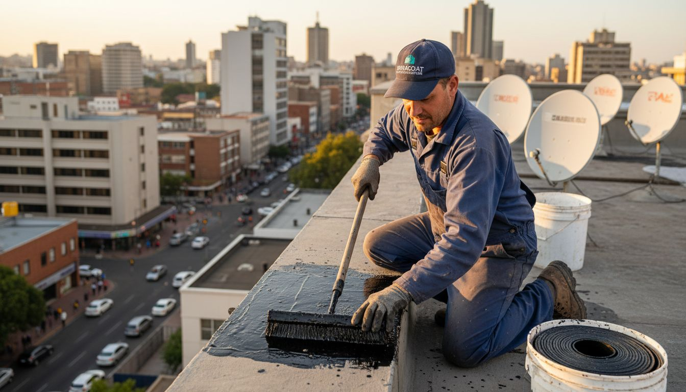 Worker applying liquid waterproofing membrane