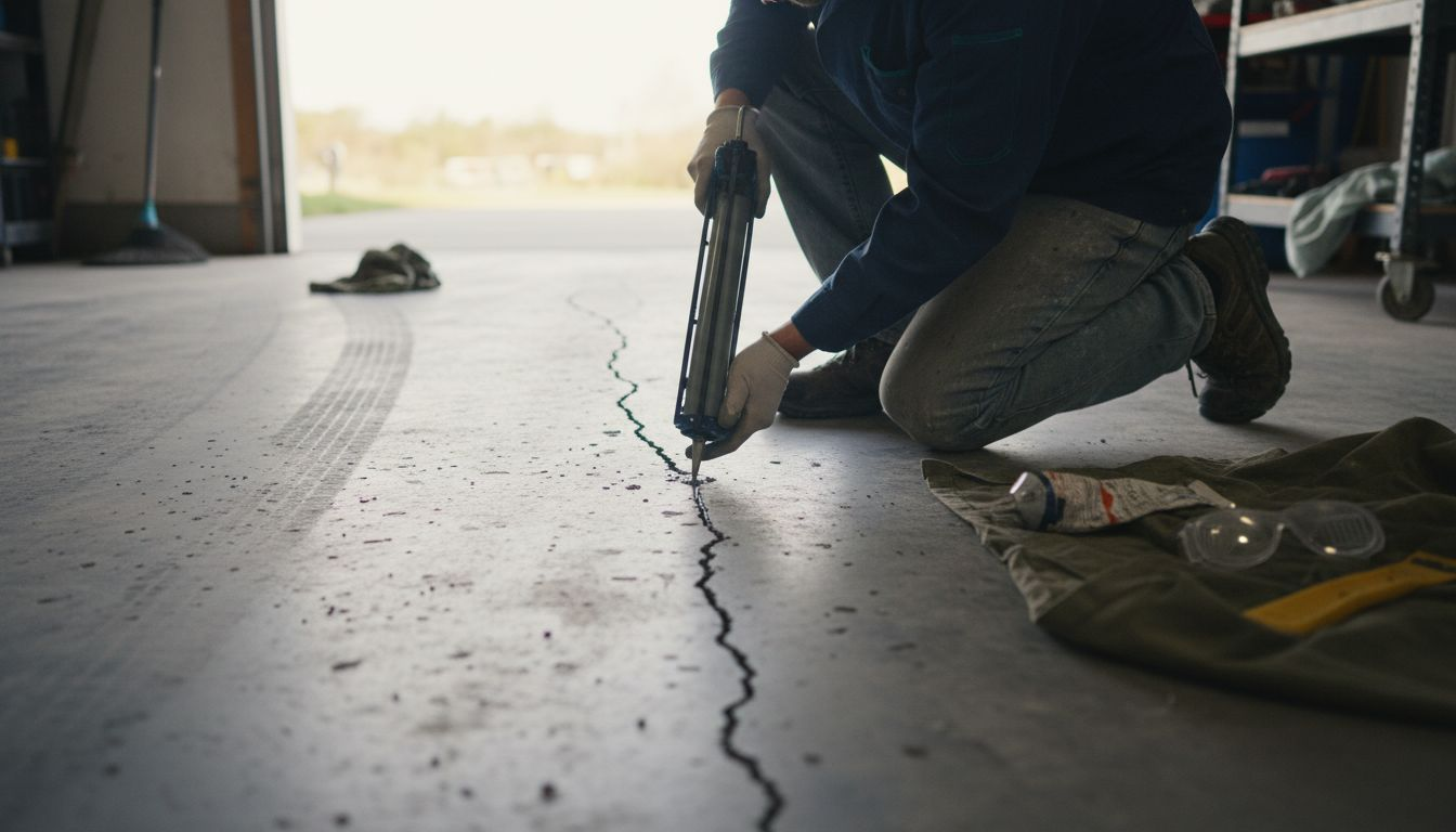 Technician sealing crack in concrete floor