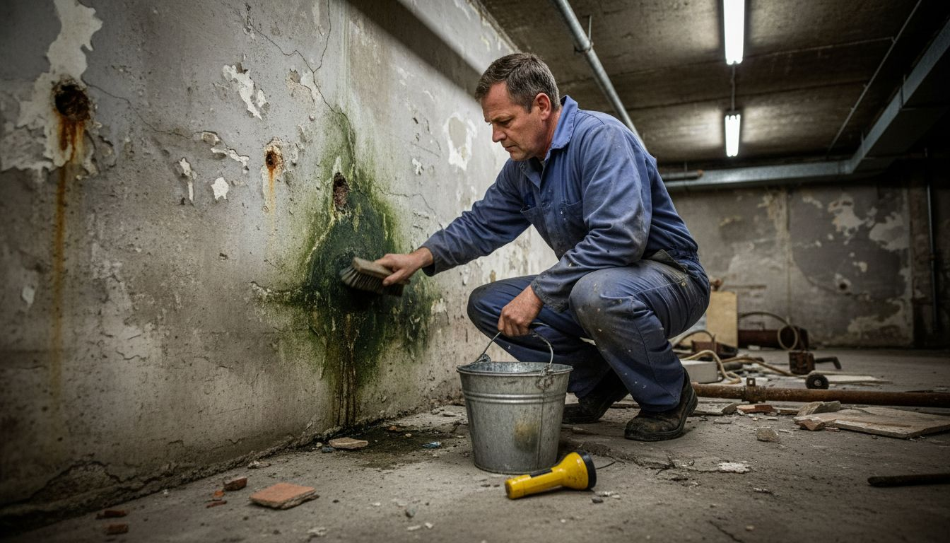 Worker cleaning wall prior to waterproofing
