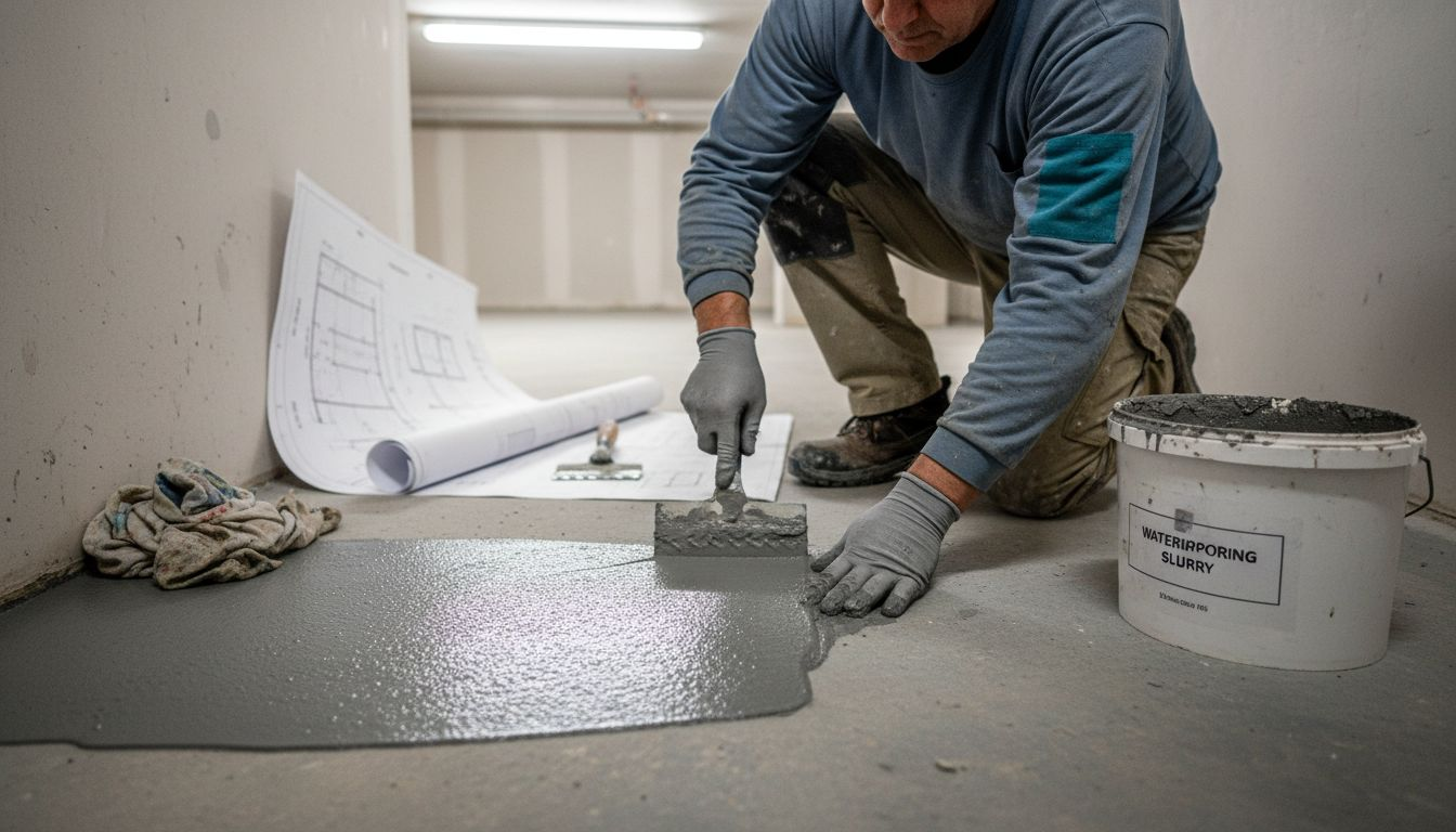 Installer applying waterproofing membrane inside utility room