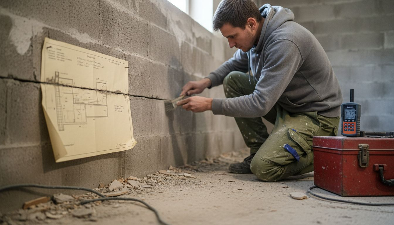 Technician cleans and checks basement wall