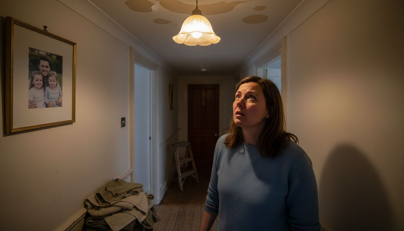 Homeowner checking ceiling for water damage