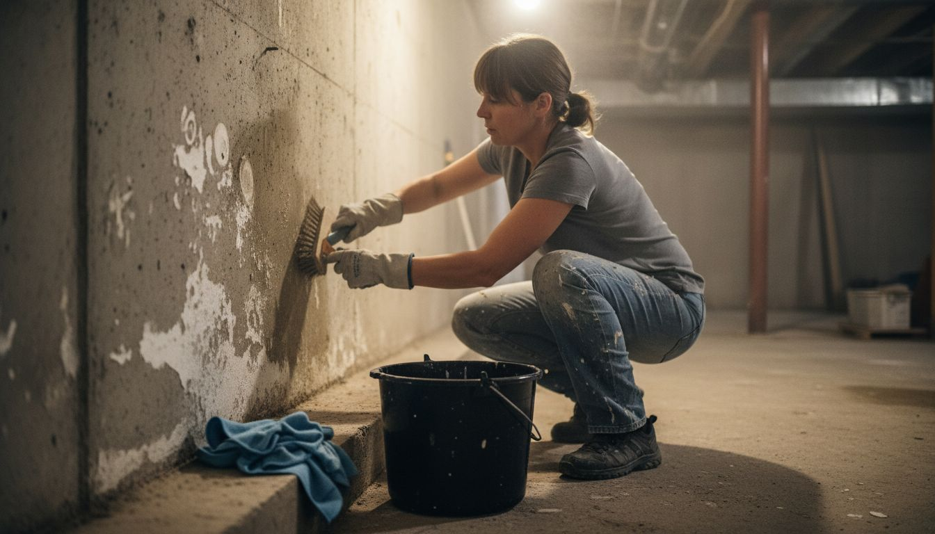 Woman preparing basement wall for waterproofing