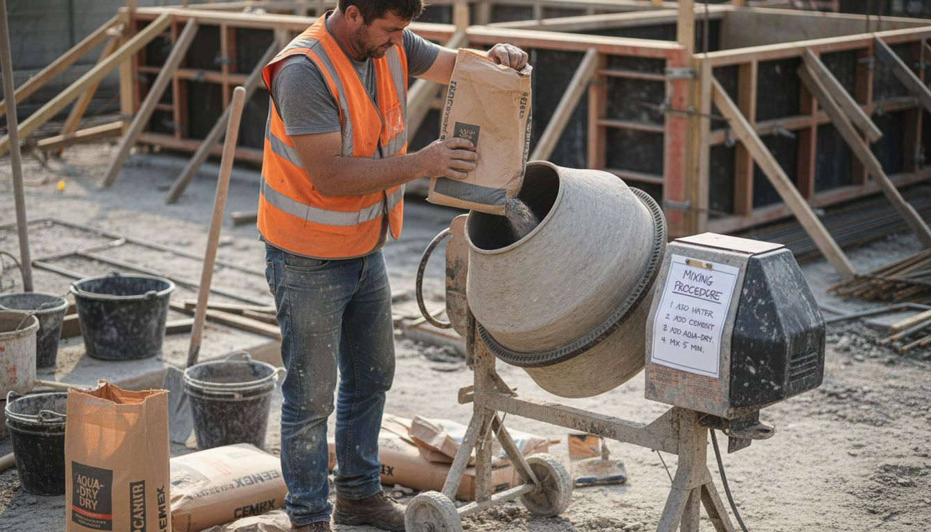 Worker adding waterproofing compound to cement mixer