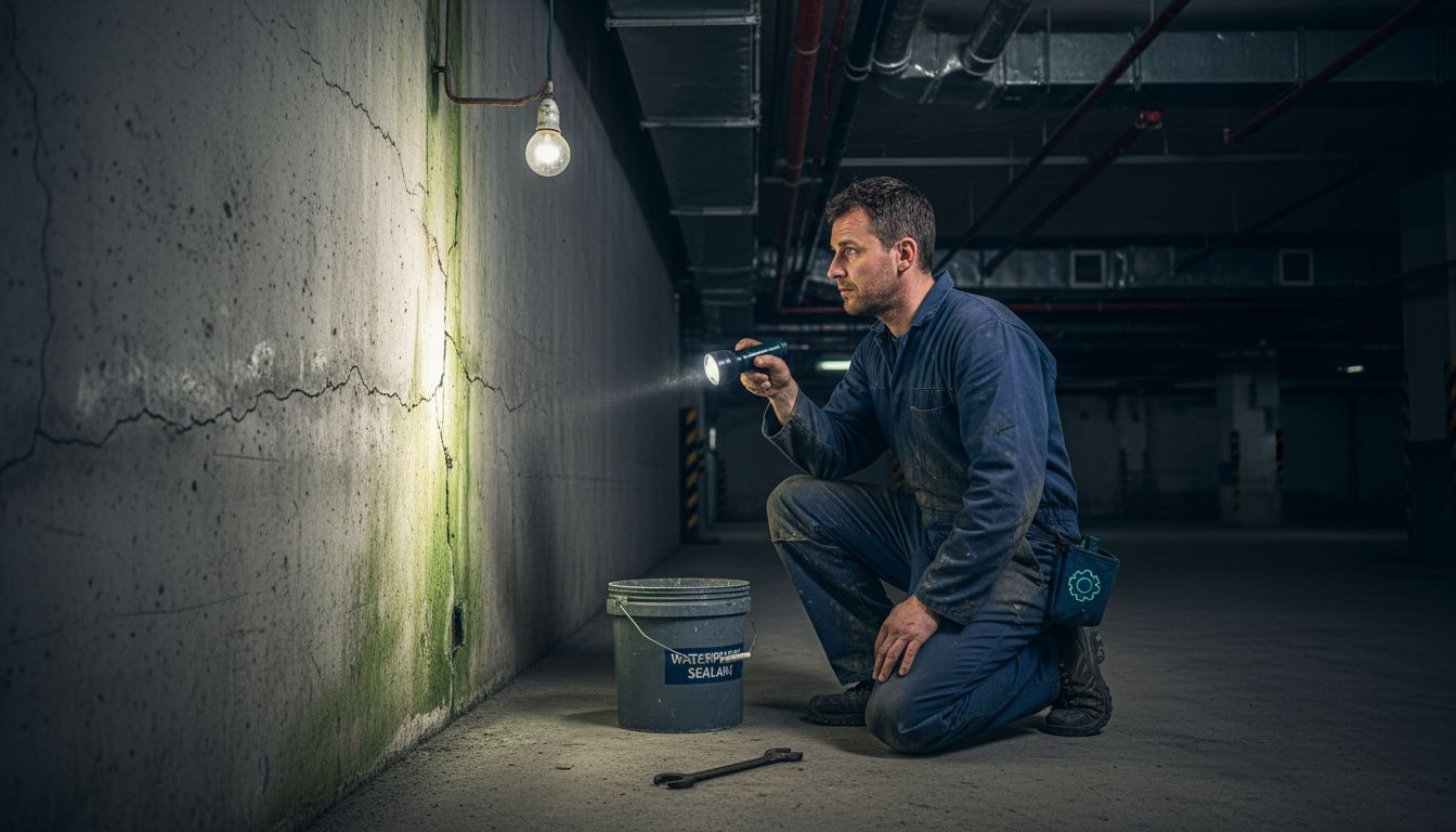 Worker inspecting concrete wall water damage