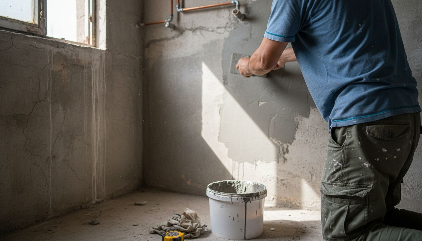 Worker applying cementitious waterproof layer