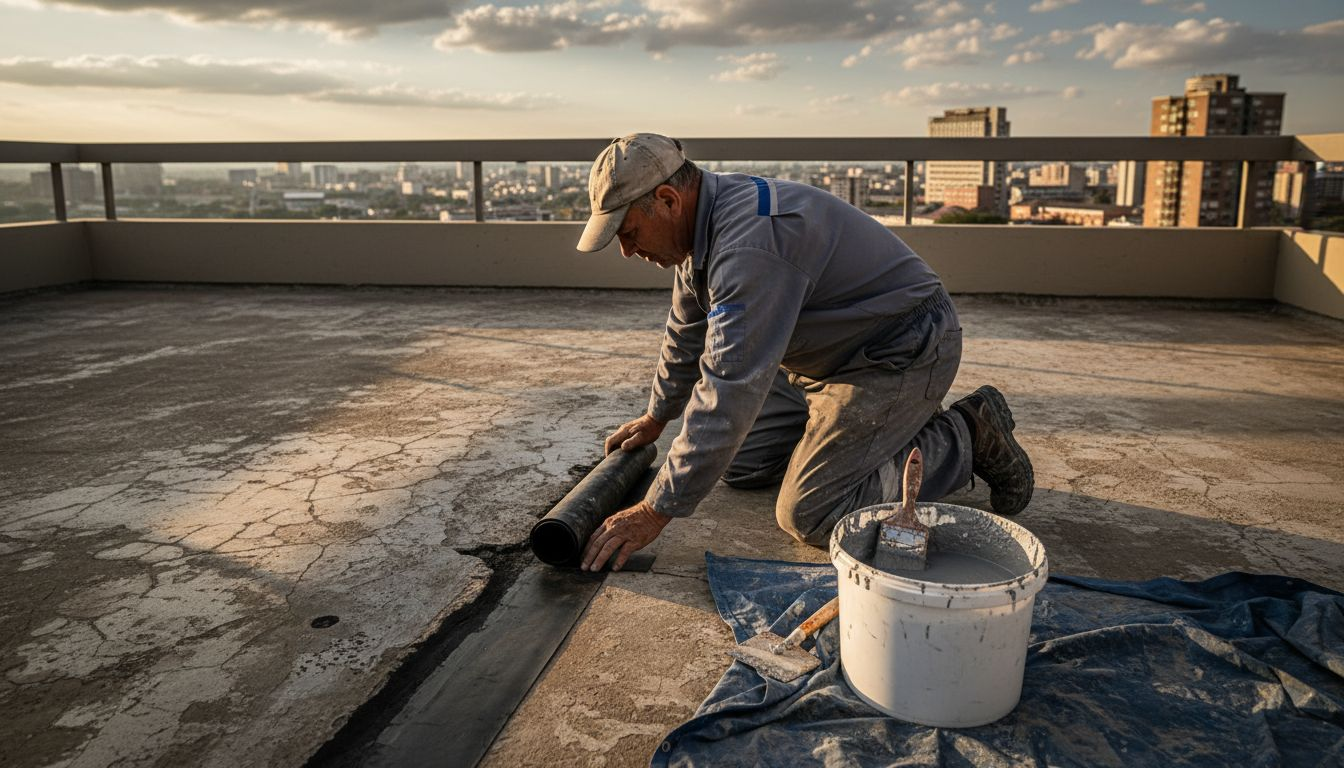 Technician applying waterproof membrane balcony
