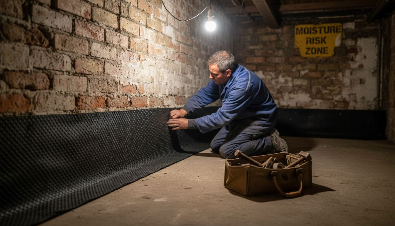 Contractor fitting damp proofing in basement