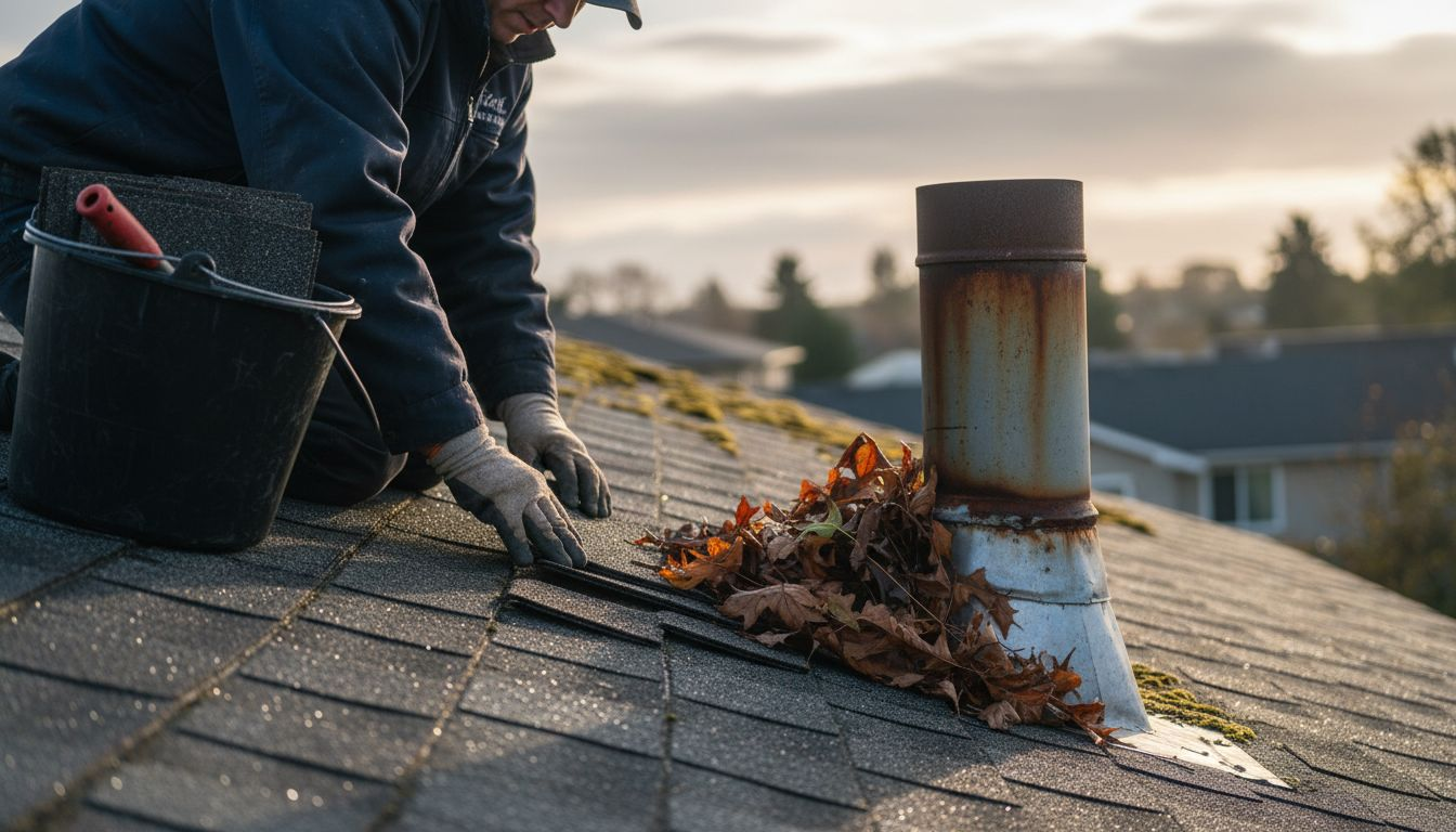Roofer inspecting damaged shingles on roof