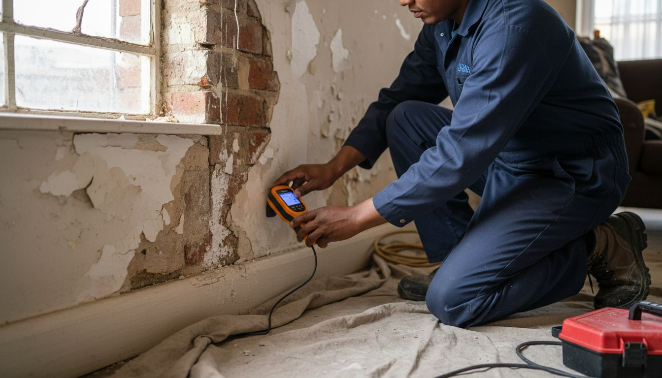 Worker checking rising damp on wall