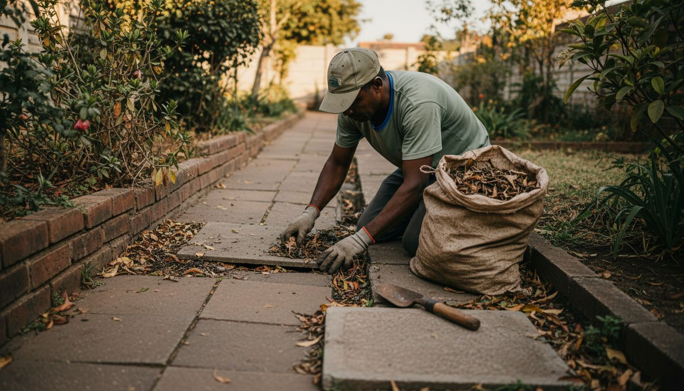 Worker maintaining home drainage system outdoors