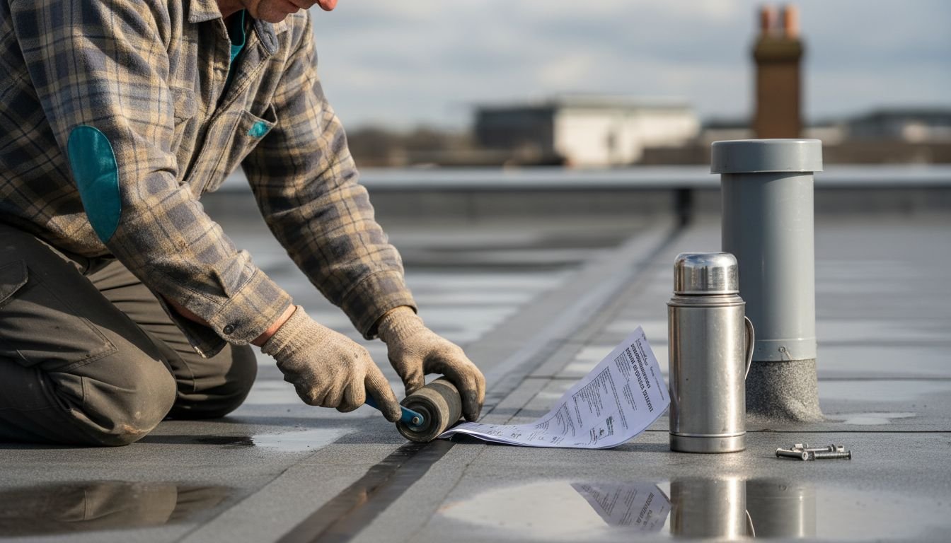 Close-up of seam sealing on flat roof membrane