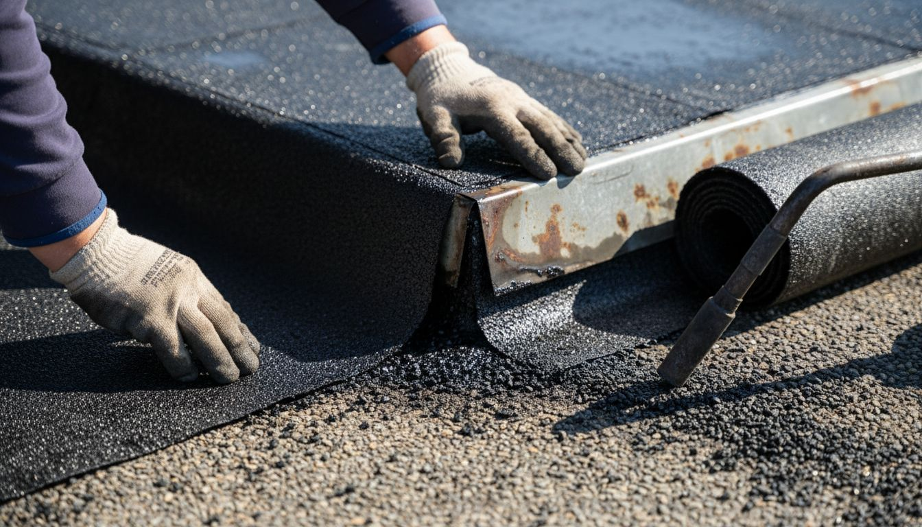 Close-up hands applying bitumen roof membrane