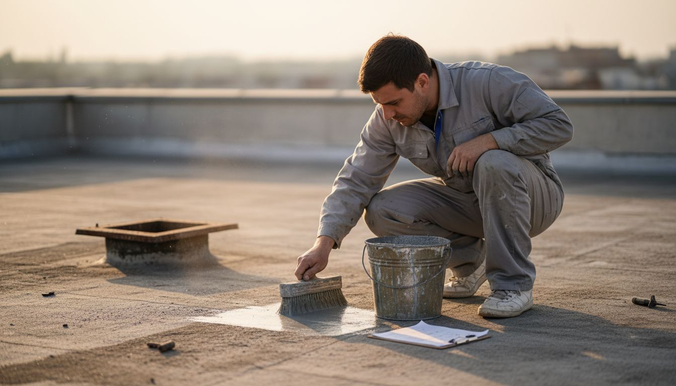 Technician prepares rooftop for waterproofing