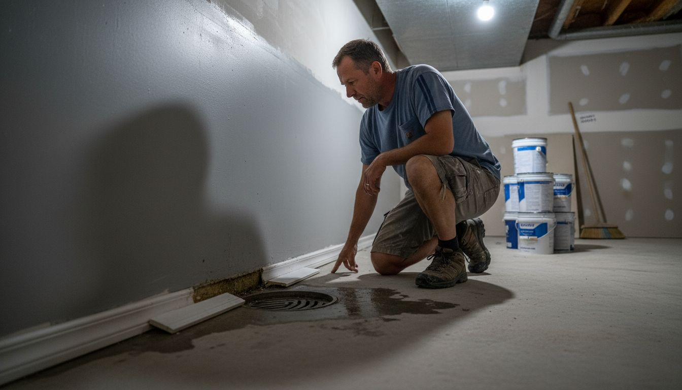 Man inspecting basement for hydrostatic pressure damp